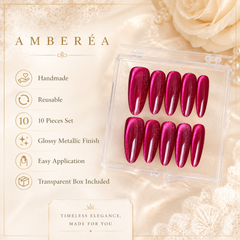Metallic Fuchsia Cat Eye Press On Nails | Handmade Reusable Long Stiletto Nails by AMBERÉA