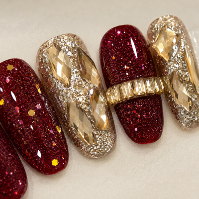 Burgundy Gold Rhinestone Press-On Nails