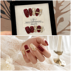 Burgundy Gold Rhinestone Press On Nails | Handmade Luxury Crystal Nails by AMBERÉA