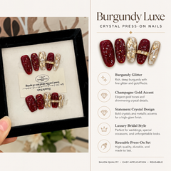 Burgundy Gold Rhinestone Press On Nails | Handmade Luxury Crystal Nails by AMBERÉA
