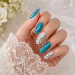 Teal Blue Floral Press On Nails | Handmade Reusable Flower Accent Nails by AMBERÉA