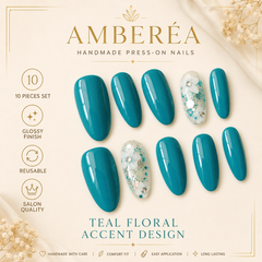 Teal Blue Floral Press On Nails | Handmade Reusable Flower Accent Nails by AMBERÉA