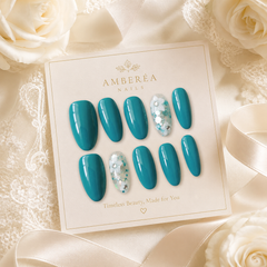 Teal Blue Floral Press On Nails | Handmade Reusable Flower Accent Nails by AMBERÉA