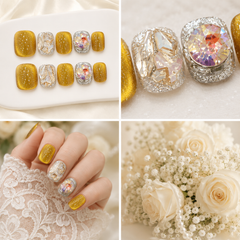 Gold Glitter Rhinestone Press On Nails | Handmade Luxury Crystal Nails by AMBERÉA