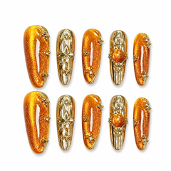 Orange Gold Cat Eye Press On Nails | Handmade Luxury Metallic Almond Nails by AMBERÉA