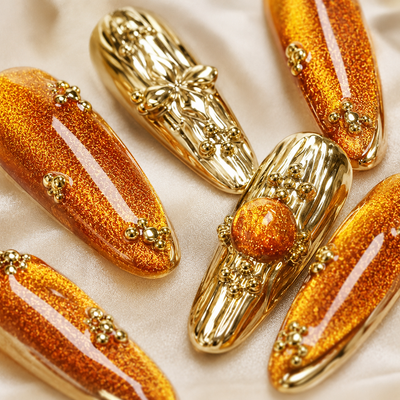 Orange Gold Cat-Eye Press-On Nails – Long Almond