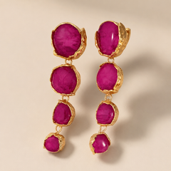 Fuchsia Gemstone Drop Earrings | Gold Tone Long Statement Earrings by AMBERÉA