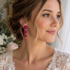 Fuchsia Gemstone Drop Earrings | Gold Tone Long Statement Earrings by AMBERÉA