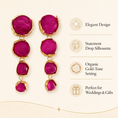Fuchsia Gemstone Drop Earrings | Gold Tone Long Statement Earrings by AMBERÉA