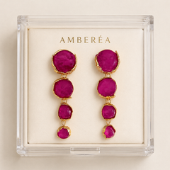 Fuchsia Gemstone Drop Earrings | Gold Tone Long Statement Earrings by AMBERÉA