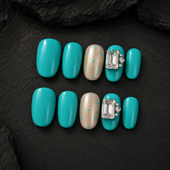 Turquoise Blue Rhinestone Press On Nails | Handmade Short Square Nails by AMBERÉA
