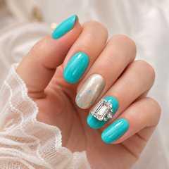 Turquoise Blue Rhinestone Press On Nails | Handmade Short Square Nails by AMBERÉA