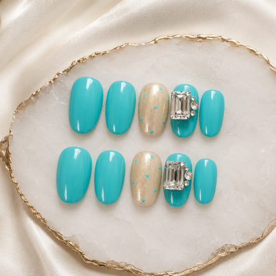 Turquoise Blue Rhinestone Press-On Nails