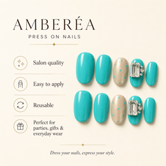 Turquoise Blue Rhinestone Press On Nails | Handmade Short Square Nails by AMBERÉA