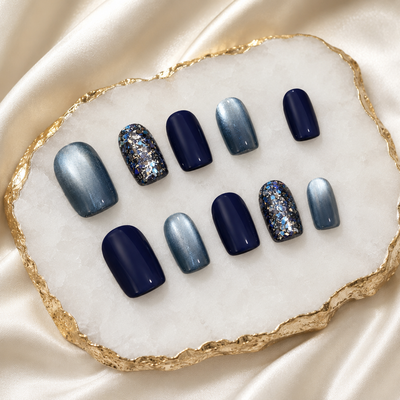Navy Blue Silver Glitter Press-On Nails