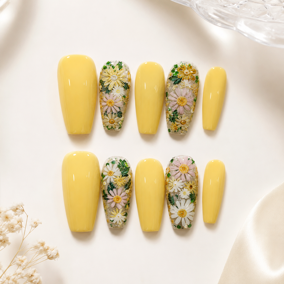Yellow Daisy Press On Nails | Handmade Floral Long Square Nails by AMBERÉA