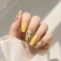 Yellow Daisy Press On Nails | Handmade Floral Long Square Nails by AMBERÉA