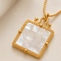 Gold Mother of Pearl Square Pendant Necklace | Elegant Vintage Women’s Necklace by AMBERÉA