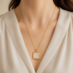 Gold Mother of Pearl Square Pendant Necklace | Elegant Vintage Women’s Necklace by AMBERÉA