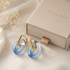 Blue Resin Hoop Drop Earrings | Gold Tone Geometric Earrings by AMBERÉA