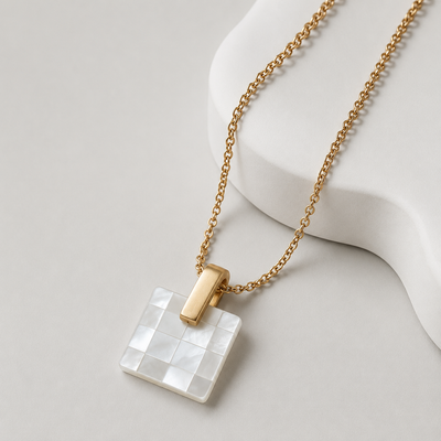 Gold Mother-of-Faux Pearl Square Pendant Necklace – Minimalist