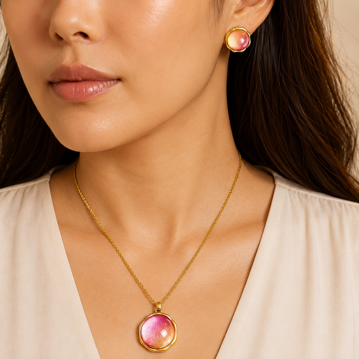 Pink Orange Gemstone Jewelry Set | Gold Tone Necklace and Earrings Set by AMBERÉA