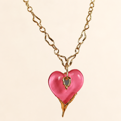 Pink Heart Pendant Necklace | Gold Tone Statement Chain Necklace by AMBERÉA