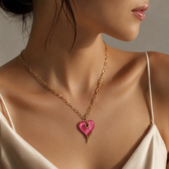 Pink Heart Pendant Necklace | Gold Tone Statement Chain Necklace by AMBERÉA