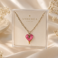 Pink Heart Pendant Necklace | Gold Tone Statement Chain Necklace by AMBERÉA