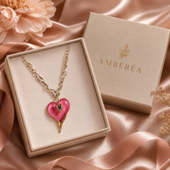 Pink Heart Pendant Necklace | Gold Tone Statement Chain Necklace by AMBERÉA