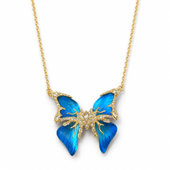 Blue Butterfly Pendant Necklace | Gold Tone Rhinestone Women’s Necklace by AMBERÉA