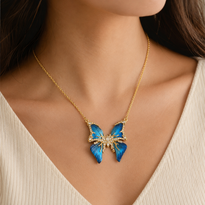 Blue Butterfly Pendant Necklace | Gold Tone Rhinestone Women’s Necklace by AMBERÉA
