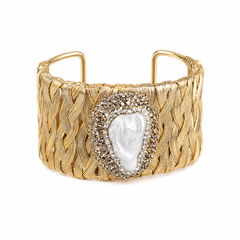 Gold Woven Pearl Cuff Bracelet | Vintage Wide Statement Bracelet by AMBERÉA