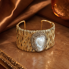 Gold Woven Pearl Cuff Bracelet | Vintage Wide Statement Bracelet by AMBERÉA