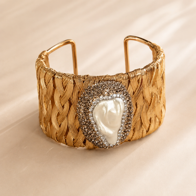 Gold Woven Faux Pearl Cuff Bracelet
