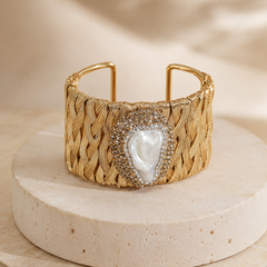 Gold Woven Pearl Cuff Bracelet | Vintage Wide Statement Bracelet by AMBERÉA