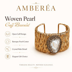 Gold Woven Pearl Cuff Bracelet | Vintage Wide Statement Bracelet by AMBERÉA