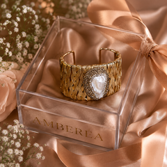 Gold Woven Pearl Cuff Bracelet | Vintage Wide Statement Bracelet by AMBERÉA