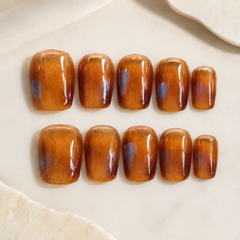 Amber Brown Cat Eye Press On Nails | Handmade Reusable Short Square Nails by AMBERÉA