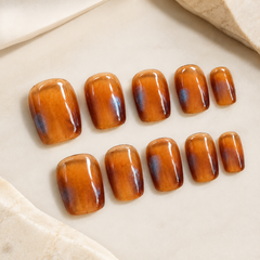 Amber Brown Cat Eye Press On Nails | Handmade Reusable Short Square Nails by AMBERÉA