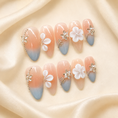 Peach Grey Floral Press On Nails | Handmade 3D Flower Rhinestone Almond Nails by AMBERÉA
