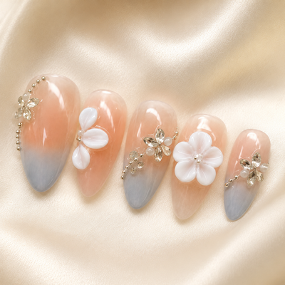 Peach Grey Floral Press-On Nails