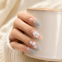 Peach Grey Floral Press On Nails | Handmade 3D Flower Rhinestone Almond Nails by AMBERÉA