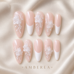 Nude French Floral Press On Nails | Handmade 3D Flower Bridal Almond Nails by AMBERÉA