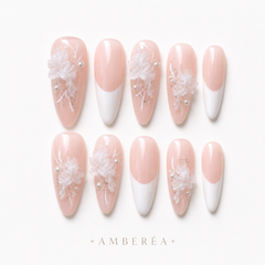 Nude French Floral Press On Nails | Handmade 3D Flower Bridal Almond Nails by AMBERÉA