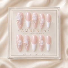 Nude French Floral Press On Nails | Handmade 3D Flower Bridal Almond Nails by AMBERÉA