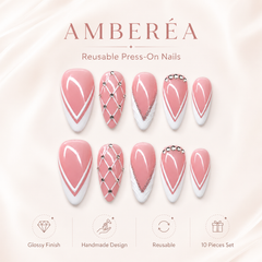 Pink French Rhinestone Press On Nails | Handmade Glossy Almond Nails by AMBERÉA