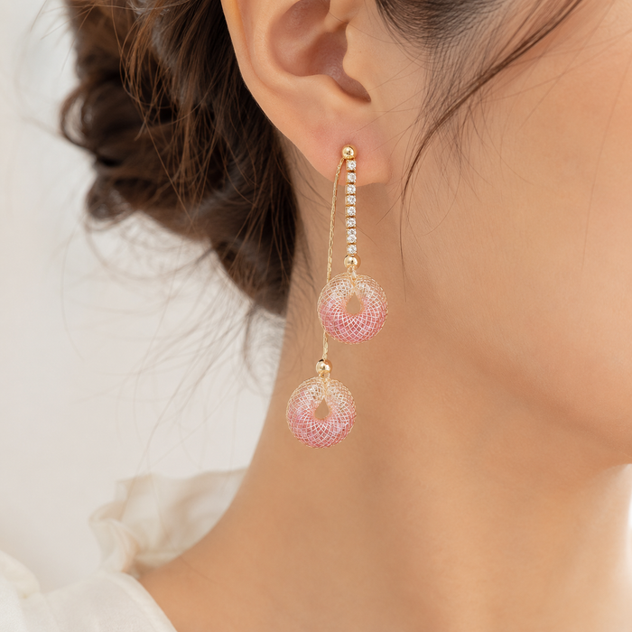 Pink Hollow Ball Drop Earrings | Gold Tone Rhinestone Dangle Earrings by AMBERÉA