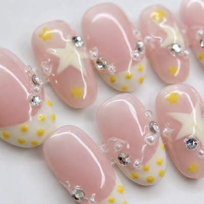 Pink Star Rhinestone Press-On Nails