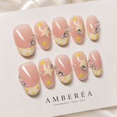 Pink Star Rhinestone Press On Nails | Handmade Cute Short Square Nails by AMBERÉA